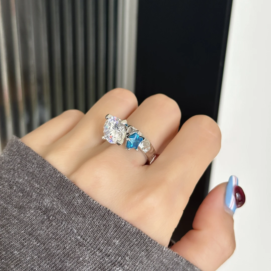 925银合成锆石戒指 原创设计简约百搭气质女双石五角星戒指 3838