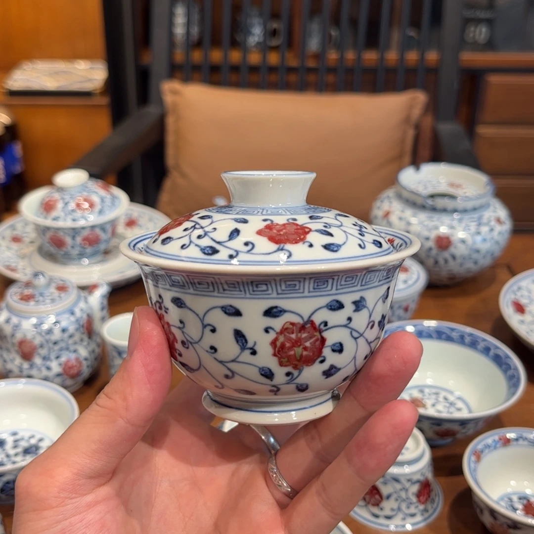 瓷片釉里红原矿盖碗