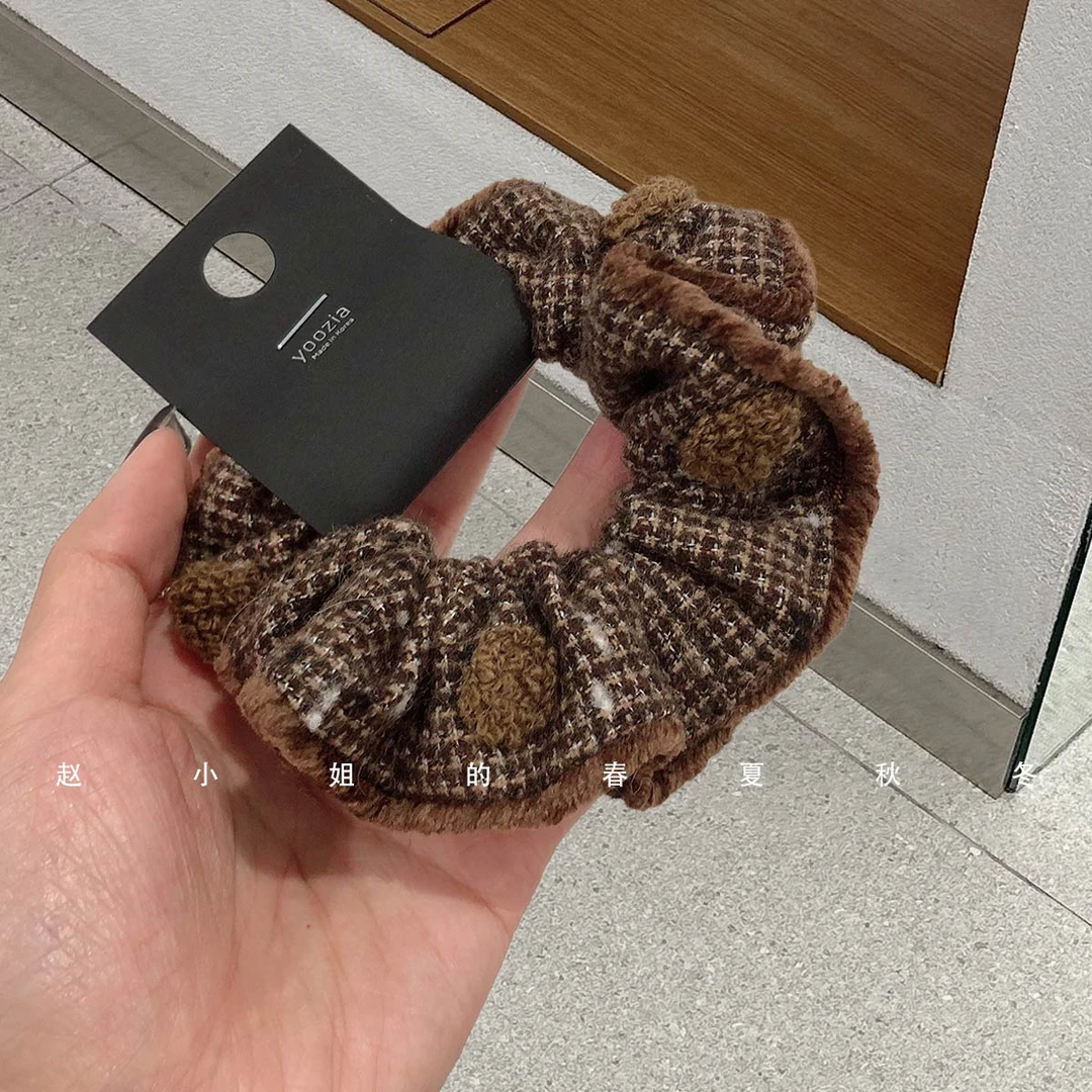 韩系撞色格纹大肠发圈女秋冬复古毛球丸子头发绳大肠发圈