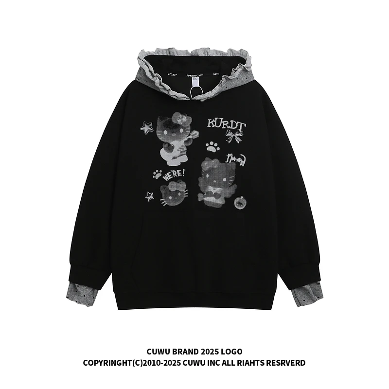 cuwu甜酷kitty猫花边连帽卫衣女男秋季新款宽松慵懒chic套头帽衫