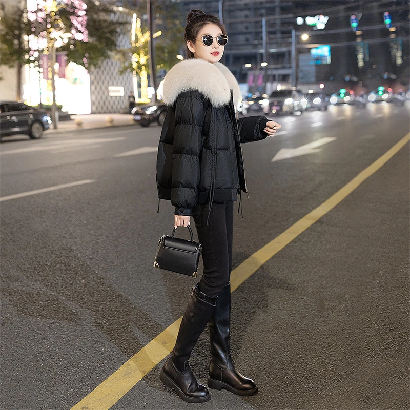 丝柏舍2025冬新款女撞色拉链宽松大毛领羽绒服S34B2709Y