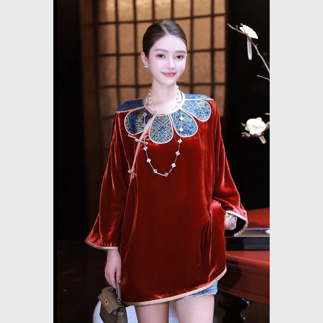 新中式国风女装知性风上衣2025早秋新款老钱风松弛感云肩丝绒小衫