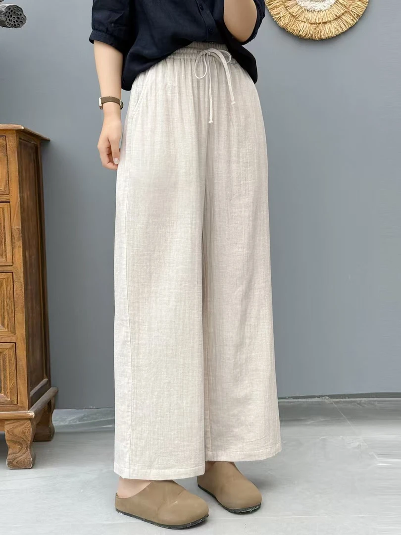 2025夏季新款棉纱高腰直筒裤女休闲百搭柔软亲肤松紧腰裤子6676