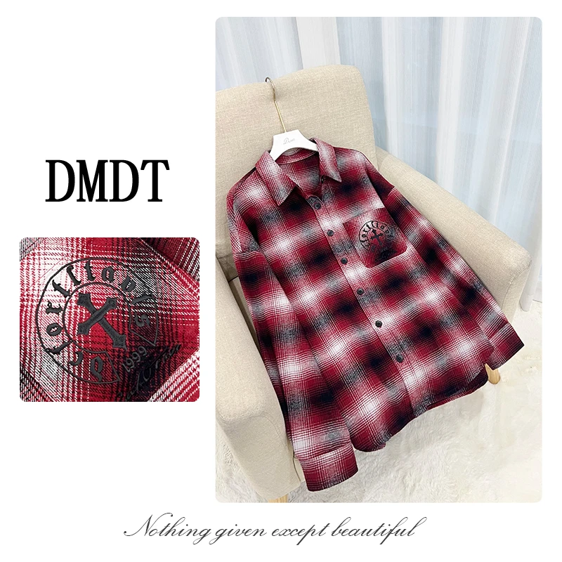 【DMDT服饰】2025冬季新品 “柔骨”字母刺绣格子拼色磨毛女衬衫D2148
