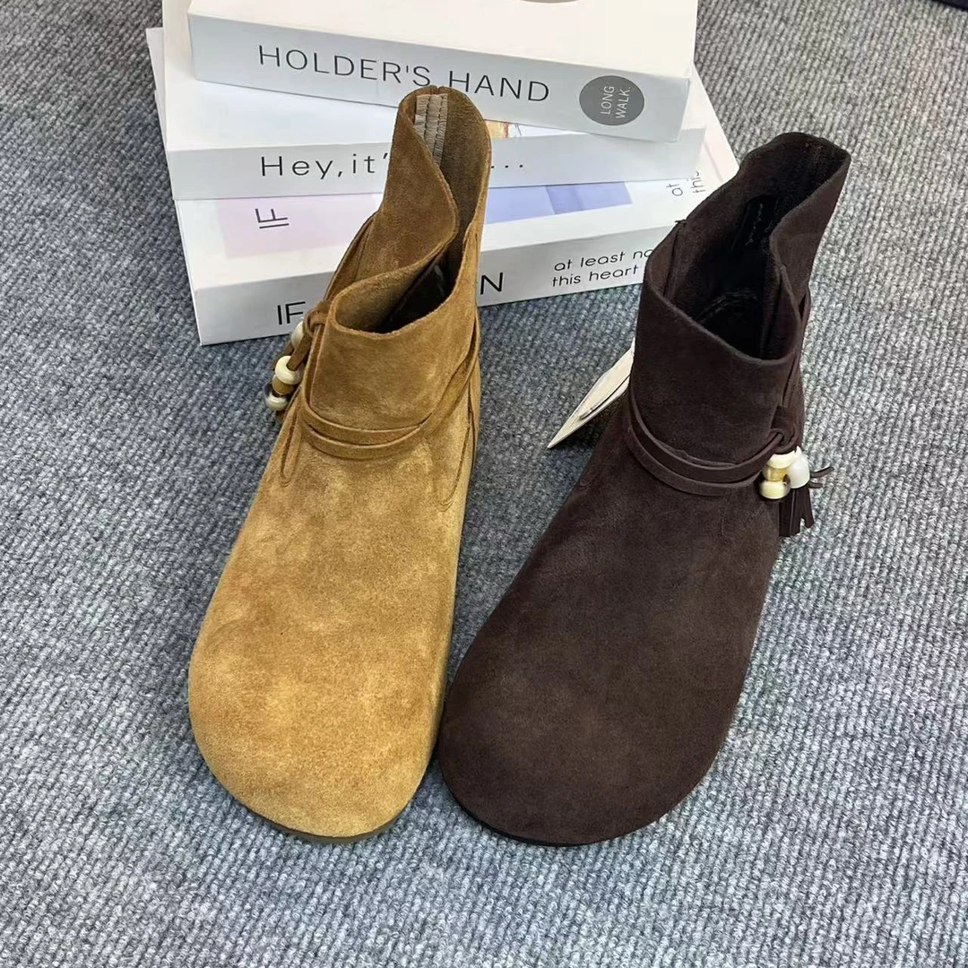 318-1玛莎玛索2025冬新款时尚洋气二棉时装靴圆头平底反绒皮短靴