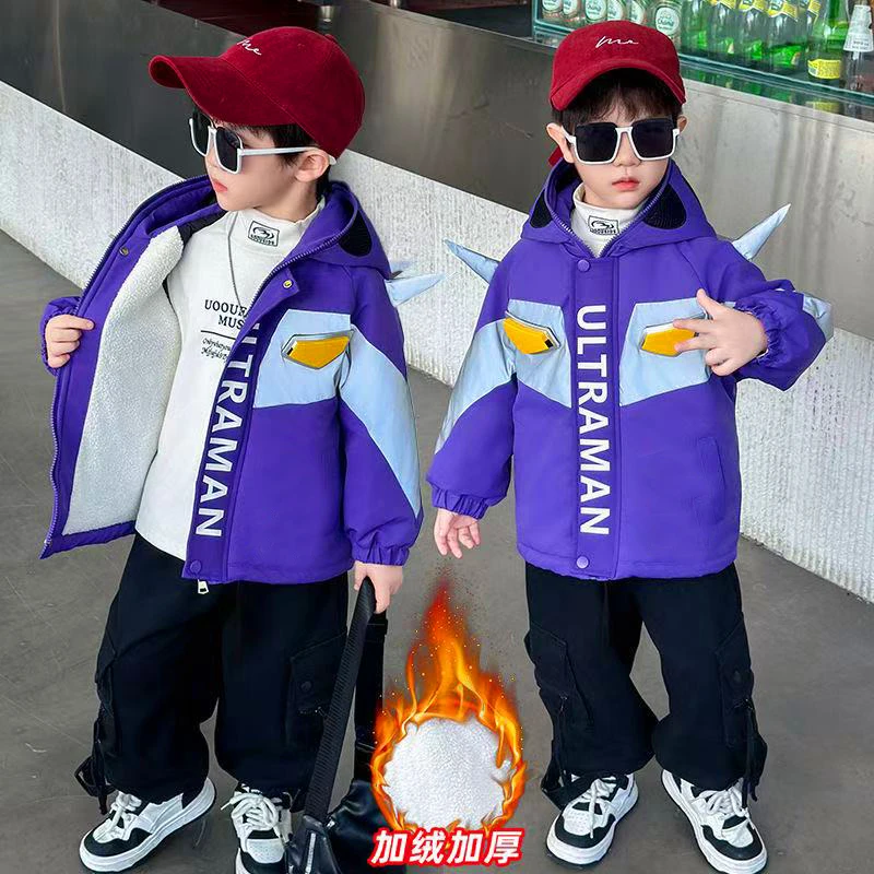 男童哪吒加厚棉衣外套中小童新款冲锋衣卡通加绒外套男宝宝风衣