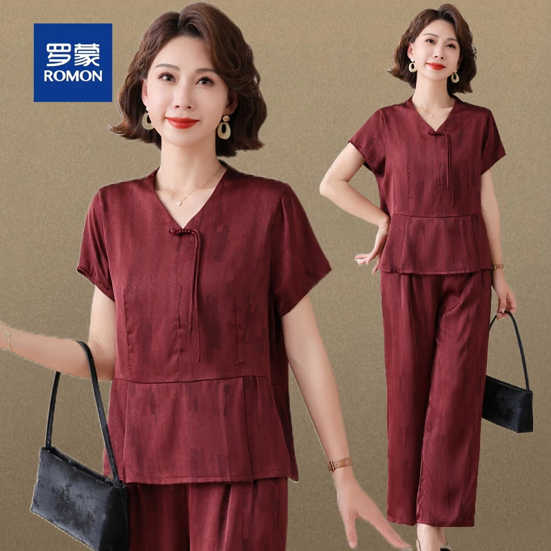 罗蒙新中式妈妈夏装阔太太洋气套装女高贵国风短袖小衫中老年女装