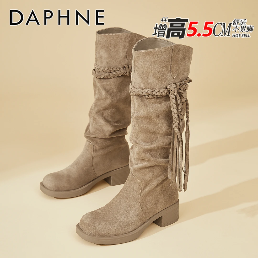 达芙妮琥珀流光粗跟长筒靴女2025秋季新款复古流苏骑士靴堆堆长靴