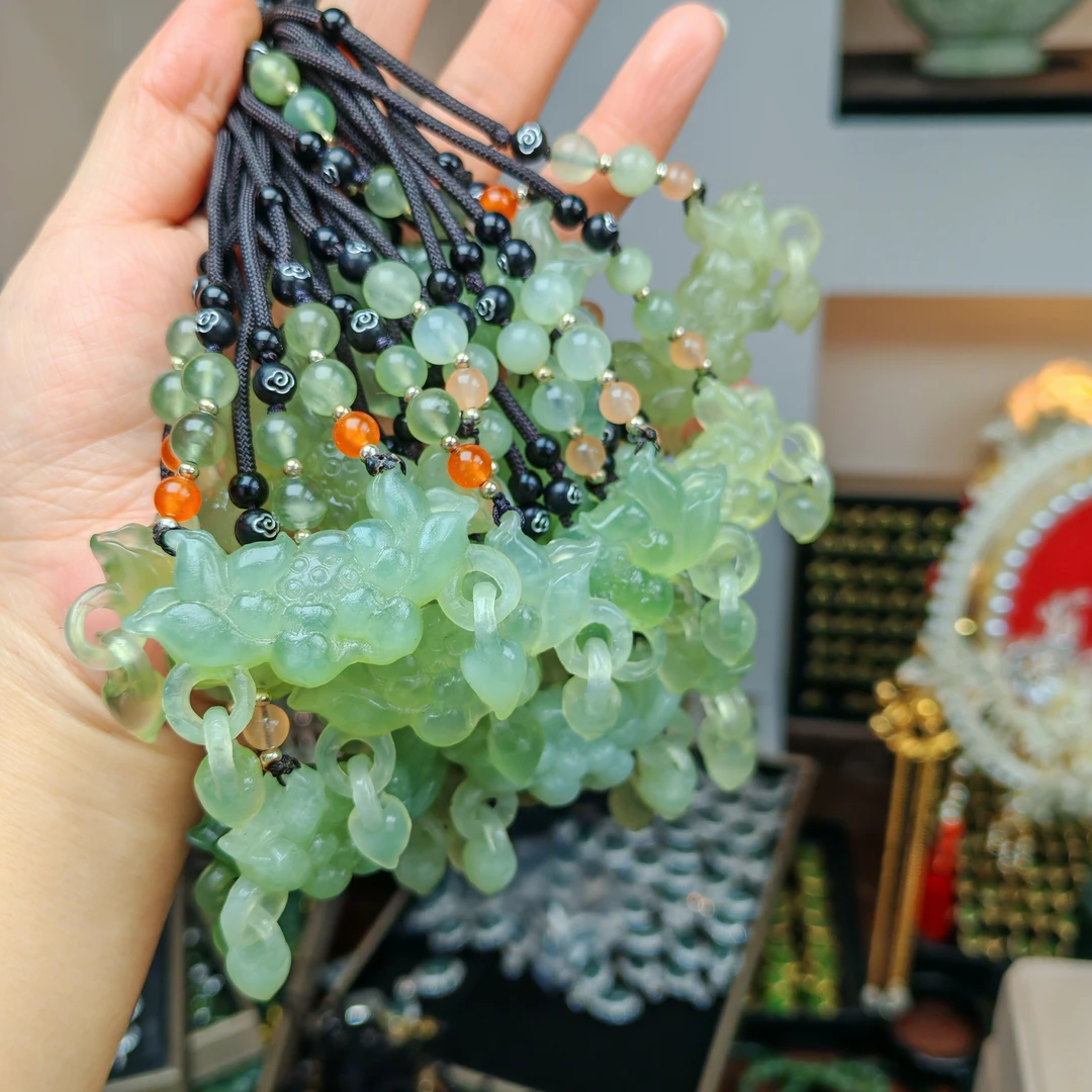 两环-岫玉上品精美180荷花鬼工环挂件（半珠链）