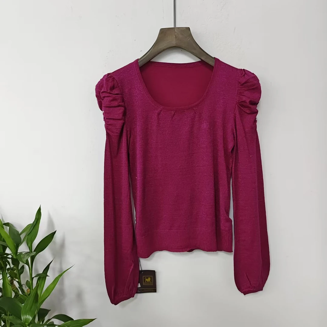 8975新款女泡泡袖设计感小众上衣圆领修身百搭时尚内搭打底衫