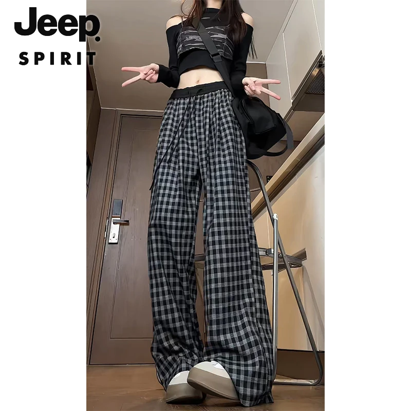 JEEPSPIRIT 吉普时尚 美式复古格子休闲裤女夏季高腰慵懒风阔腿裤