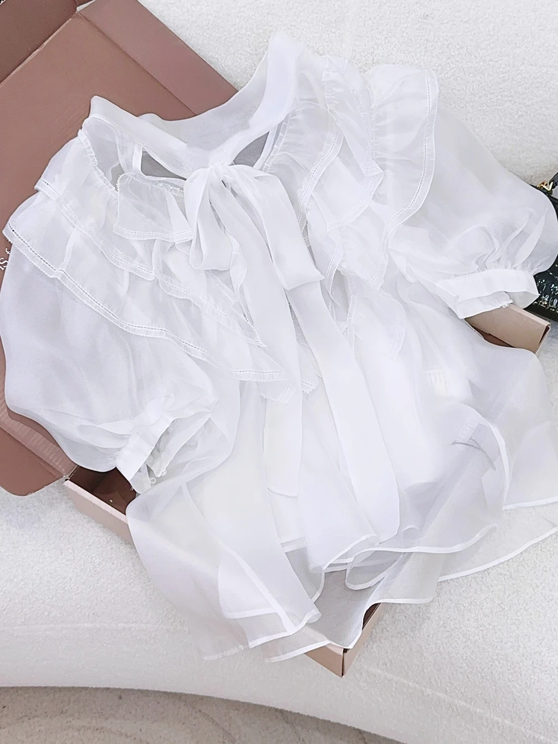 琳心丨春夏新款法式白色木耳边领口系带短袖衬衣 6075