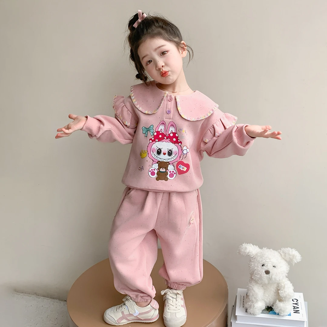 女童春秋套装2025新款儿童洋气卡通娃娃领卫衣女宝秋装休闲两件套