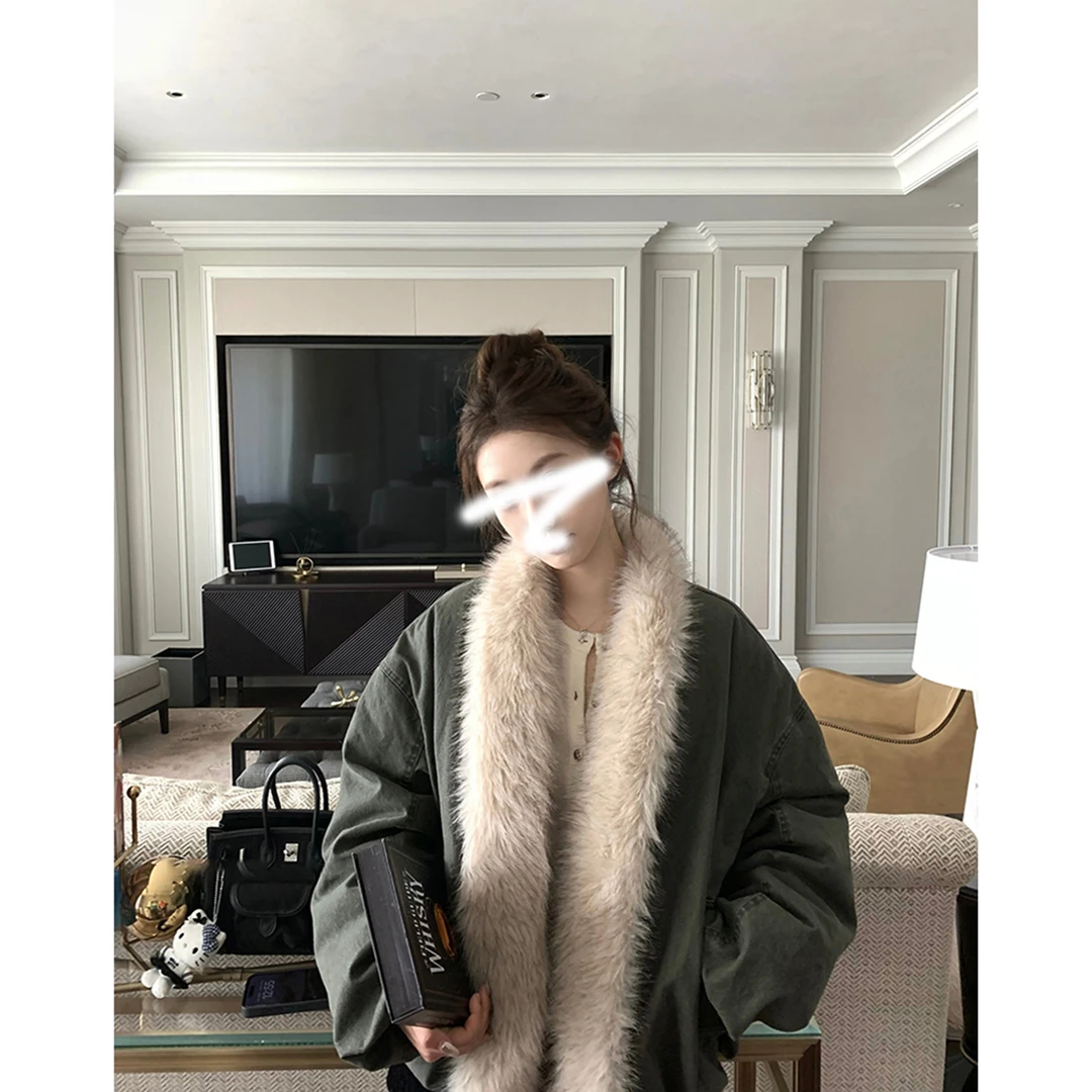 '冬日恋歌'韩版秋冬宽松设计感百搭自留工装水洗拼毛领棉服外套女