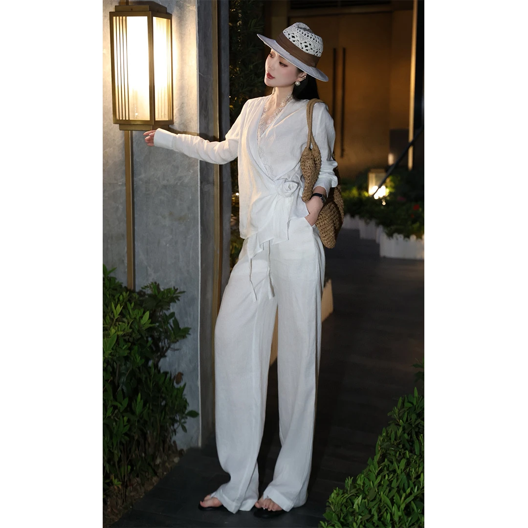 2025春夏法式浪漫蕾丝花边休闲松驰感亚麻衬衫长裤套装洋气两件套