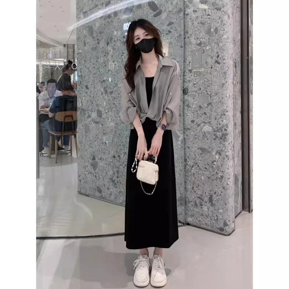 拉夏贝尔漂亮套装裙女2025薄款长袖雪纺衬衫内搭显瘦后妈裙两件套