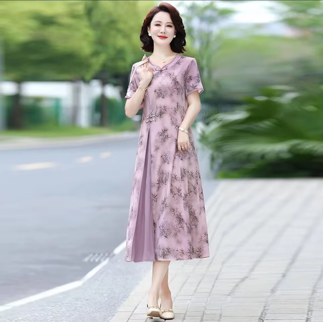 妈妈连衣裙夏装中长款短袖2025新款中年气质新中式洋气中老年裙子