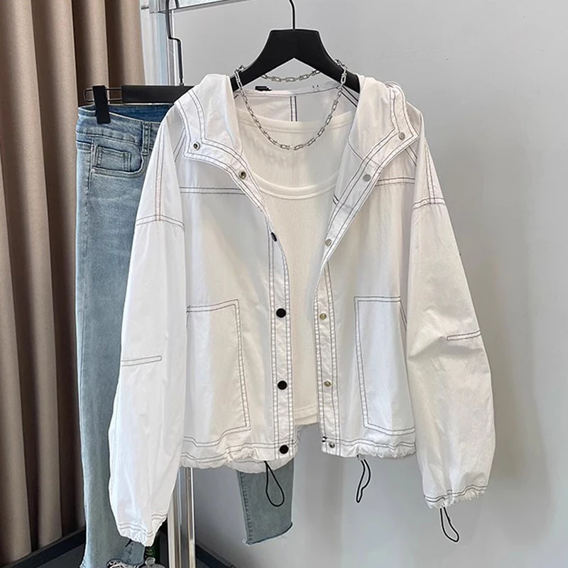 韩版设计感下摆抽绳显瘦夹克衫连帽外套女春秋新款减龄上衣百搭潮
