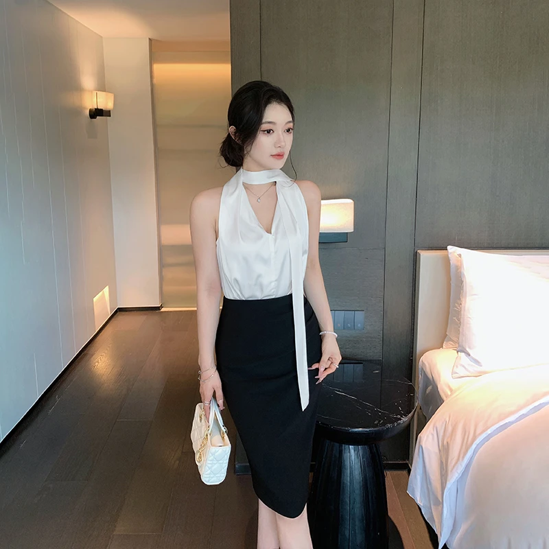 林关关【微光柔衫】温柔气质系带缎面无袖衬衣夏季轻熟修身百搭衬衫