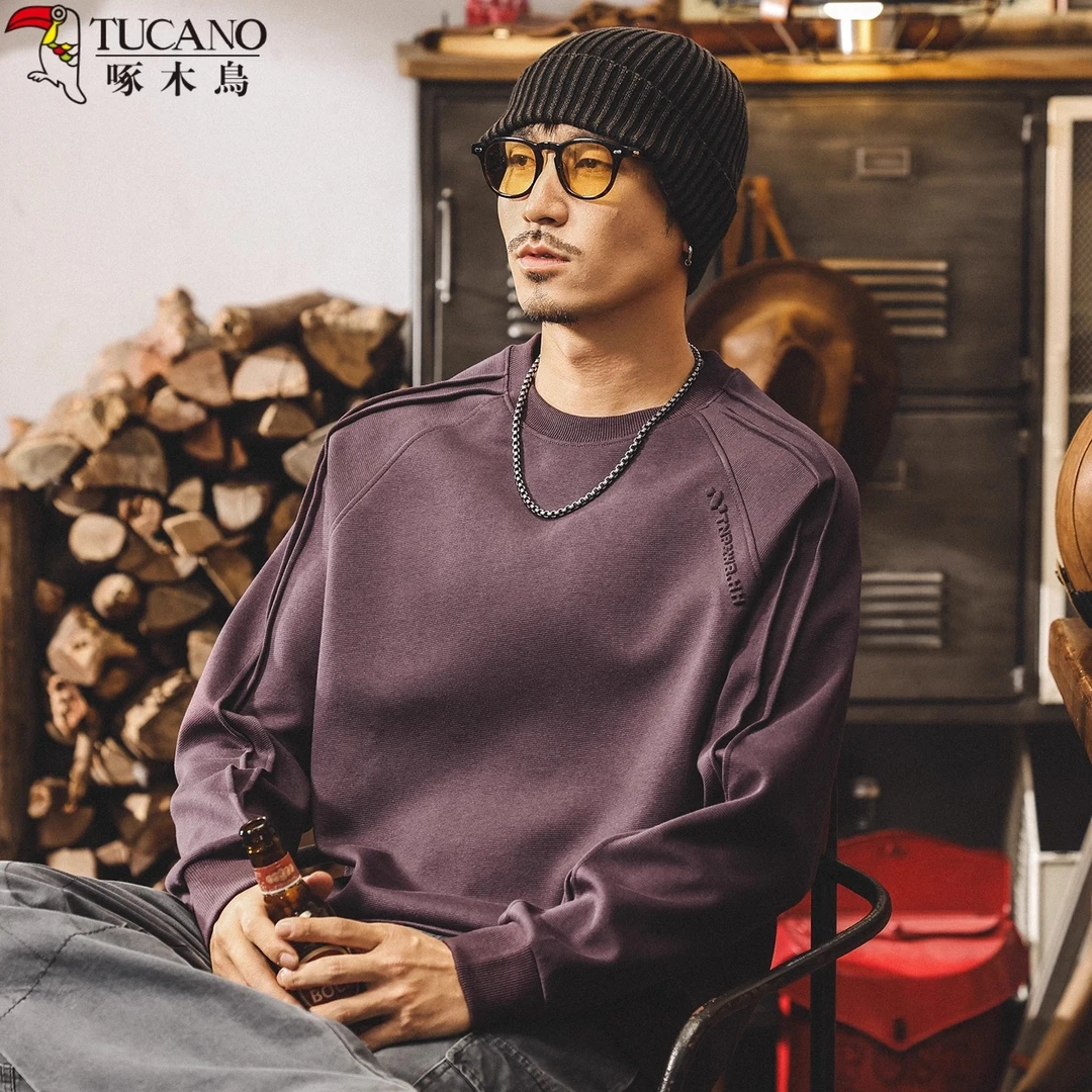 啄木鸟美式复古重磅t恤男长袖秋季2025新款圆领卫衣春秋宽松上衣