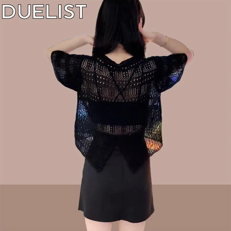 DUELIST夏季新款女士后开叉镂空冰丝罩衫设计感时尚针织衫短上衣