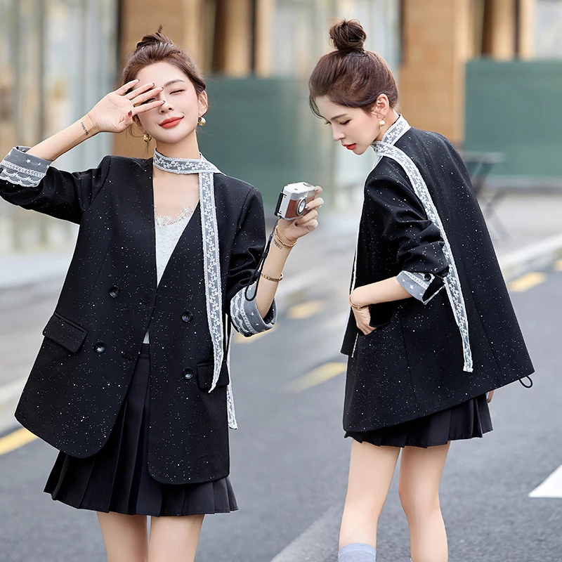 蕾丝拼接亮片西装外套女2025春季新款韩系设计感气质减龄短款上衣