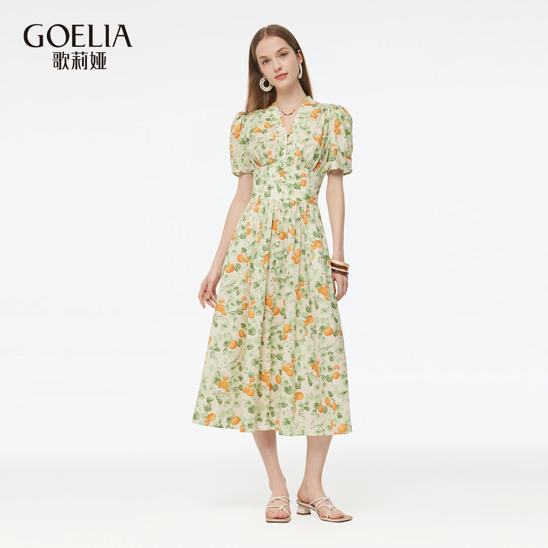 歌莉娅 夏季新品夏梦金橘V领棉布印花连衣裙1E5C4K690
