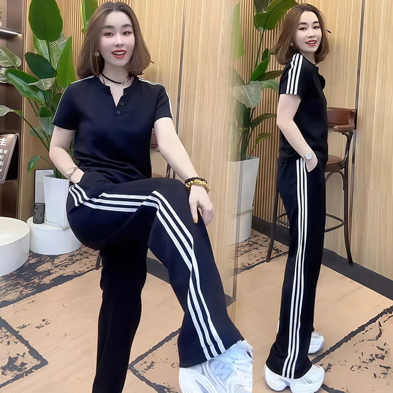 高含棉运动服条纹拼接套装女2025年夏季新款显瘦上衣阔腿裤两件套