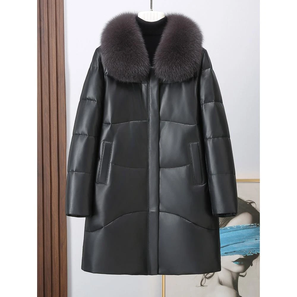 中老年人真皮羽绒服女中长款海宁妈妈装绵羊皮衣外套大码宽松冬季