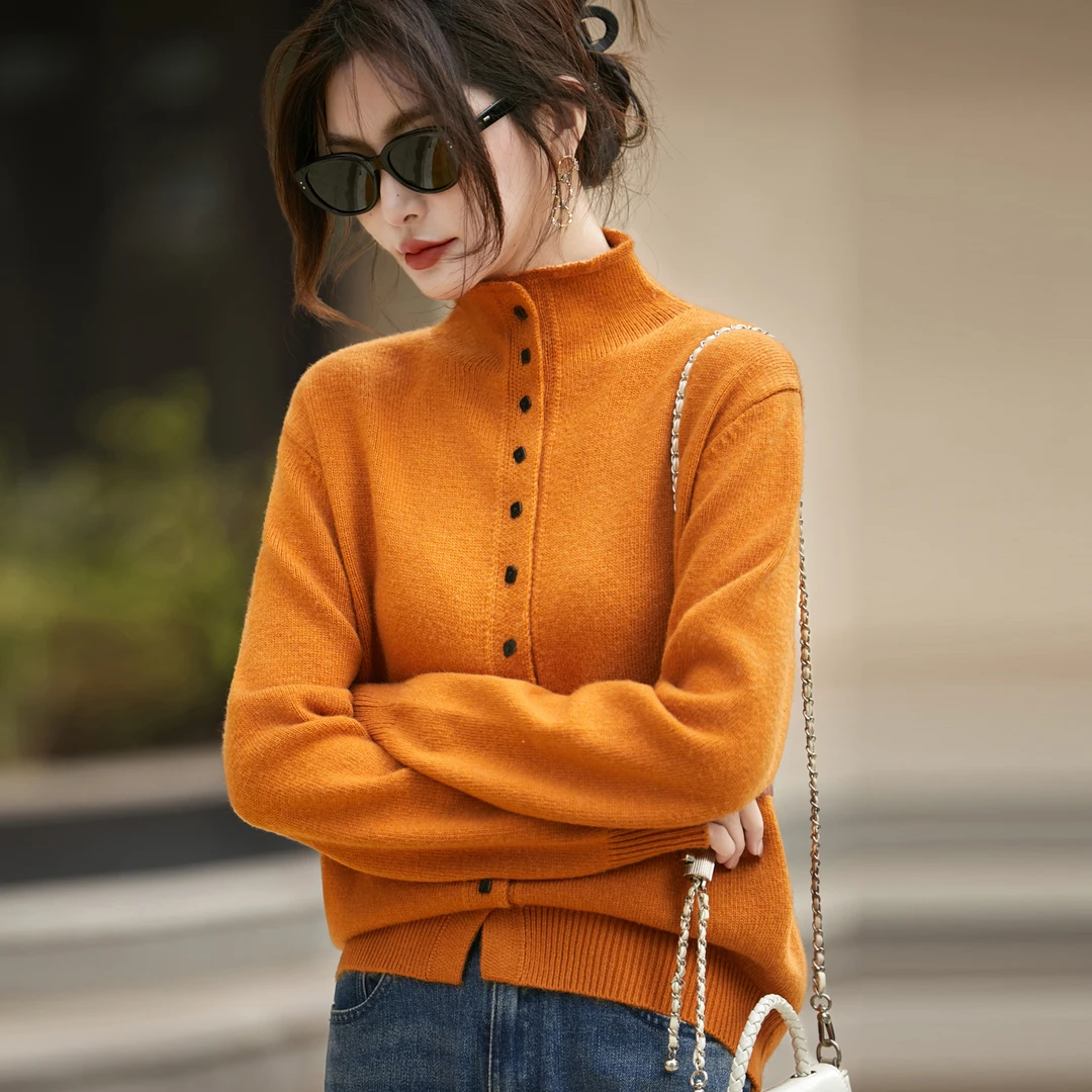 秋冬加厚立领单排扣羊毛开衫半高领长袖羊毛针织开衫女宽松上衣秋