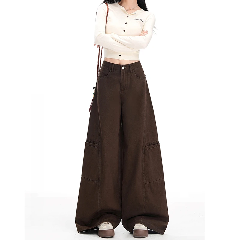美式复古咖色工装牛仔裤女2025秋季新款美拉德宽松垂感显瘦阔腿裤