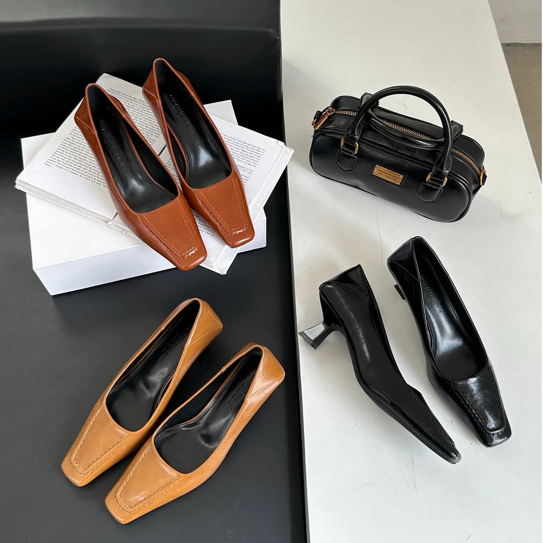 2025秋季新品复古方头拼接浅口高跟鞋气质细粗跟通勤猫跟单鞋女