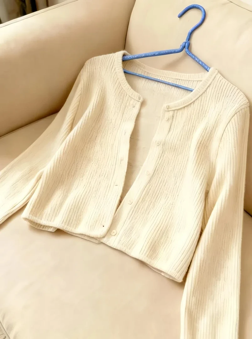 【肌理横斜】简约短款休闲针织开衫长袖女外搭上衣春秋小香风外套