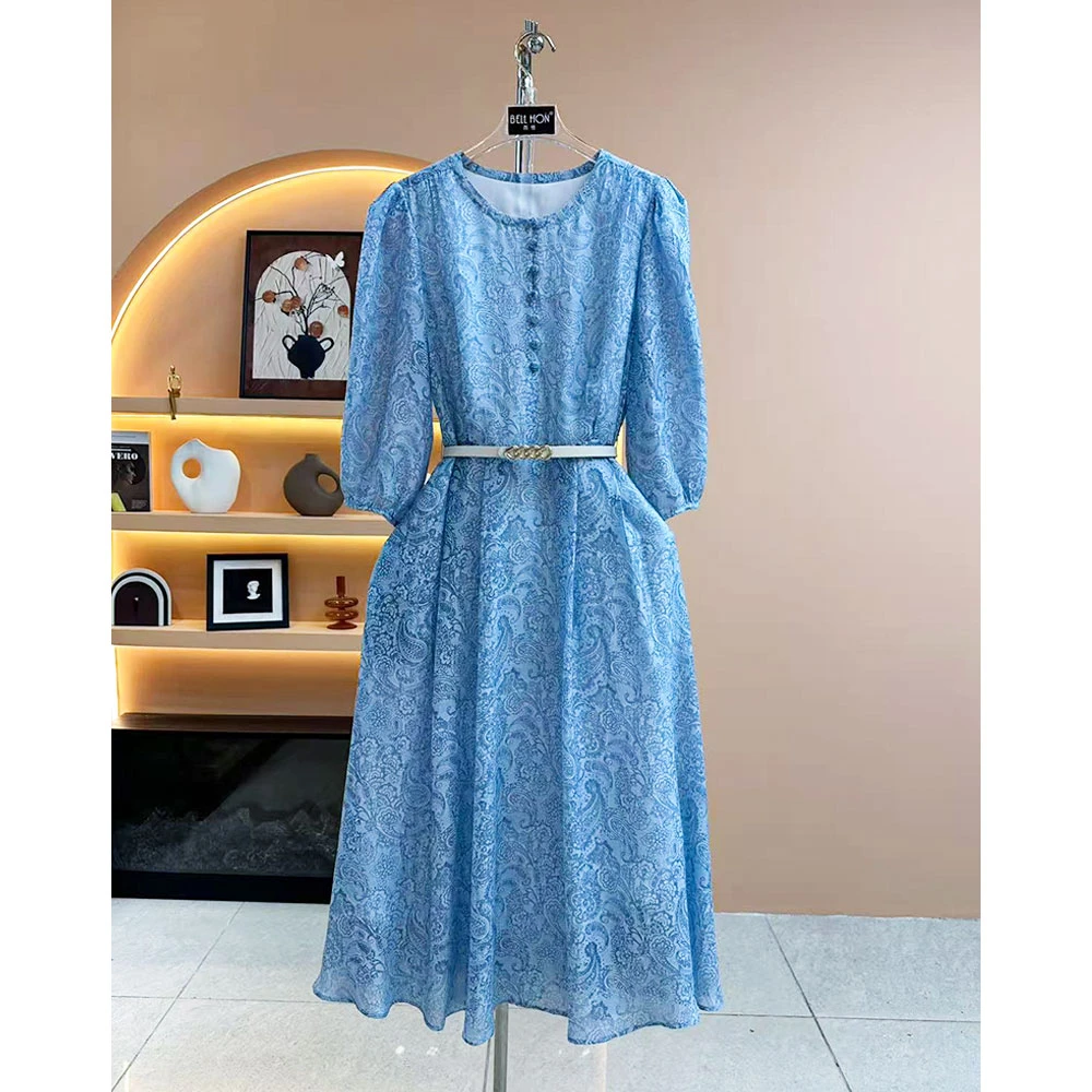 圆领套头连衣裙蓝雾花刺绣连衣裙女装长裙秋季法式优雅收腰2069