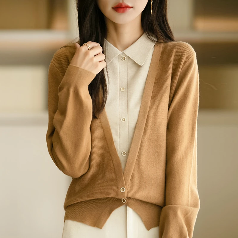 假两件翻领长袖针织衫女拼色娃娃领秋冬慵懒风穿搭毛衣外穿上衣新