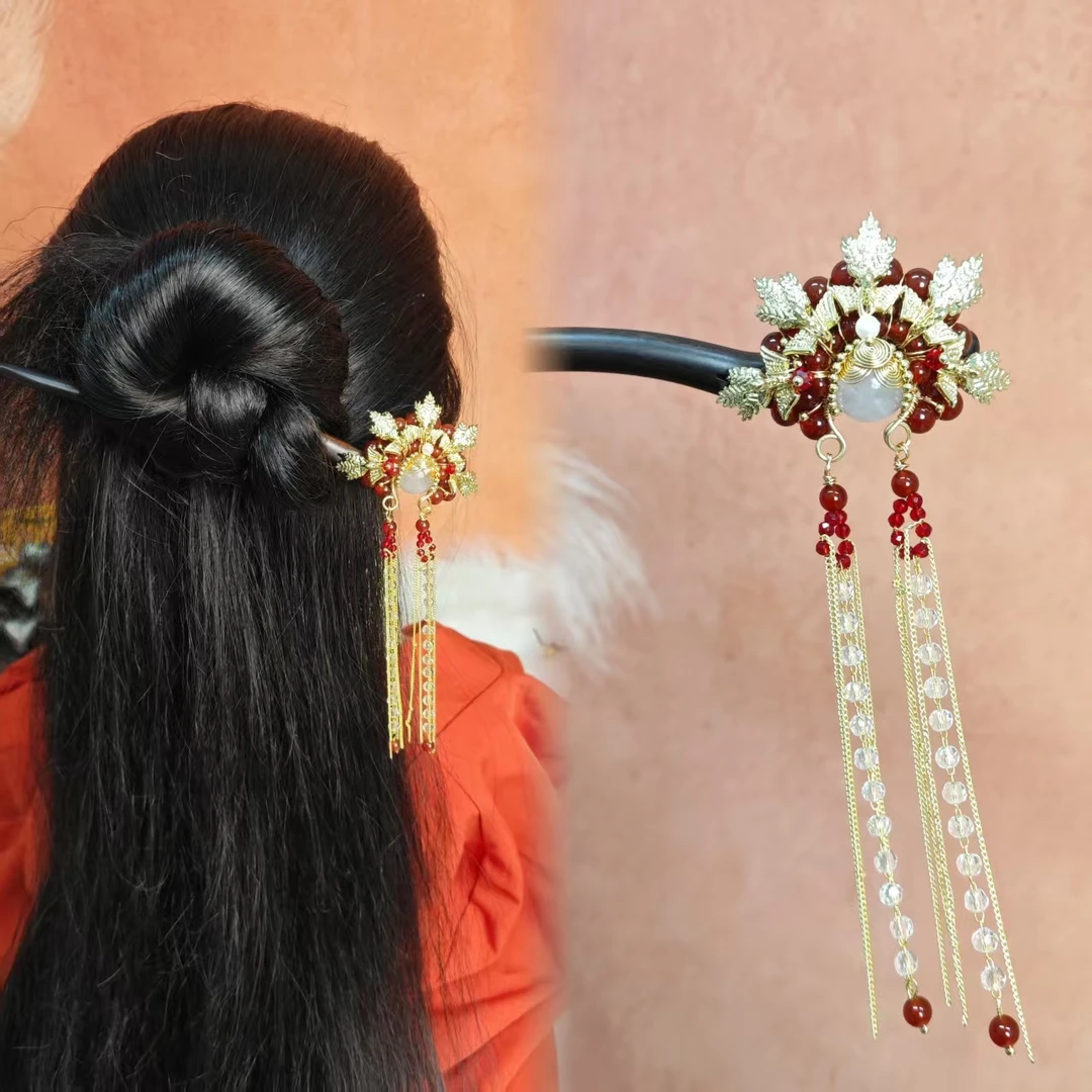 炑歌T25原创红色雪花刀马旦18公分长流苏百搭中国风发簪