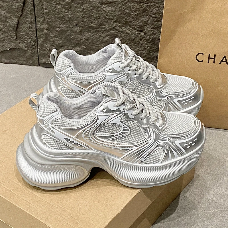 35-43码 大码女鞋老爹鞋时尚休闲鞋厚底厚底银色透气运动鞋子