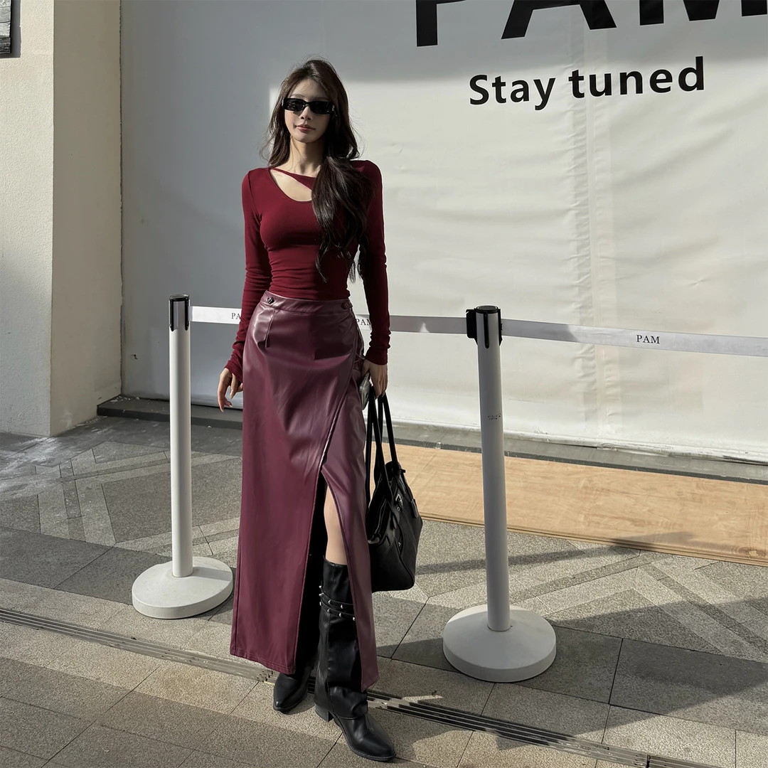 复古时尚镂空磨毛打底PU皮长裙套装秋冬辣妹轻熟风气质修身半身裙