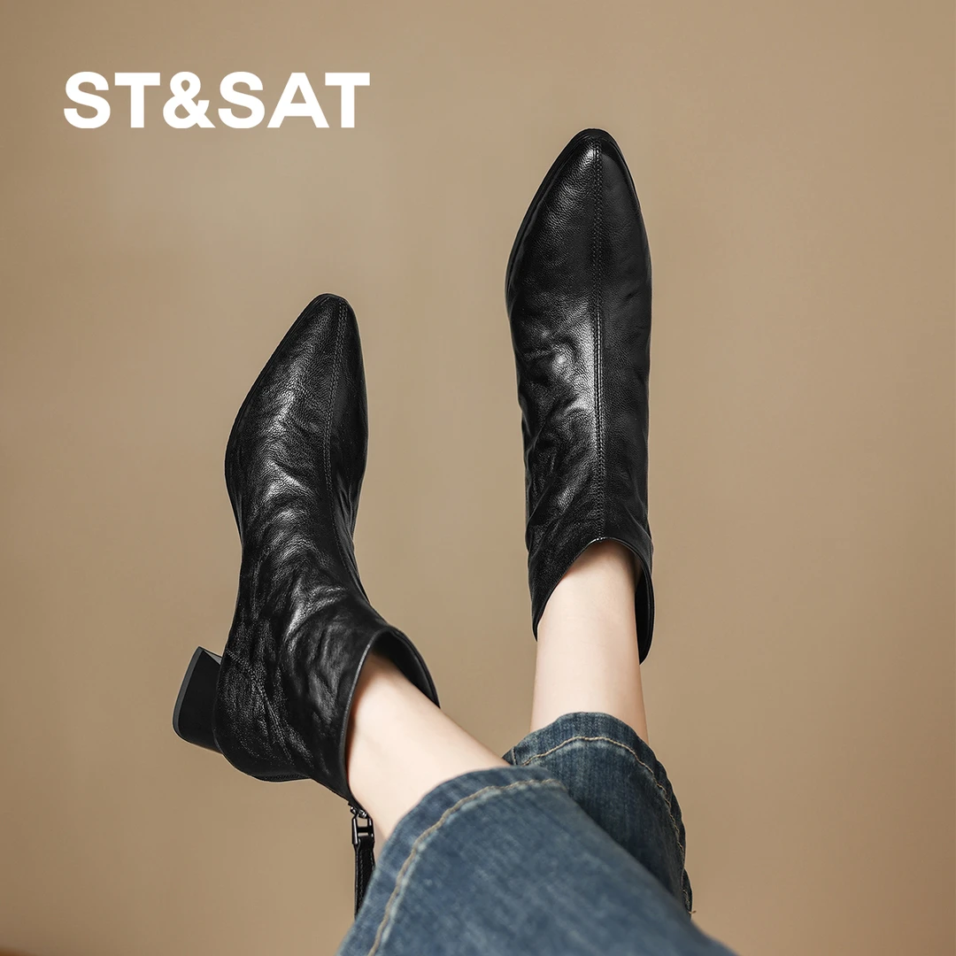 星期六秋冬尖头粗跟呢子大衣专用鞋子高级感短靴明星同款百搭鞋子