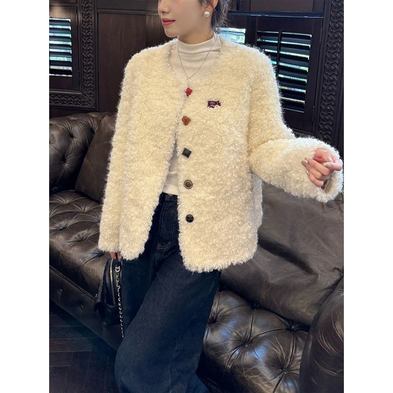 小香风加厚皮毛一体短外套女秋冬气质彩扣网红时尚冬季百搭