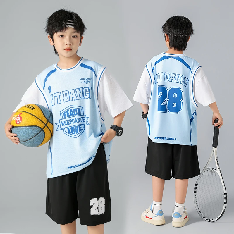 童装男童假两件运动球服套装2025新款字母印花速干套装薄款夏装