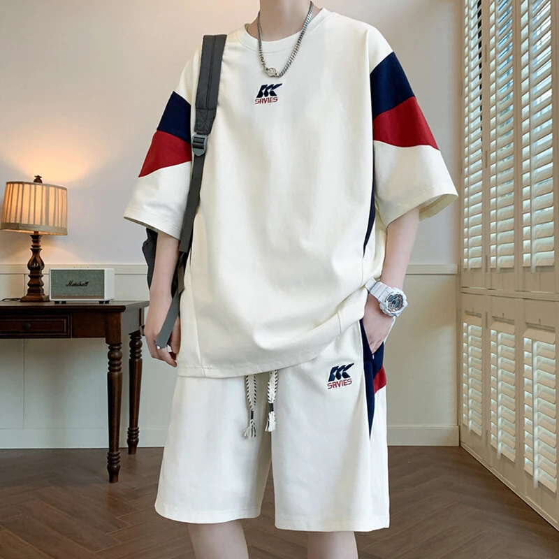 短袖t恤男2025夏季新款潮牌宽松半袖体恤初高中学生潮流百搭套装