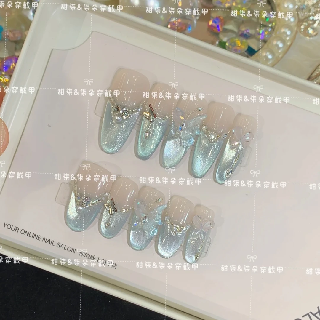 【天池】Echo Nail纯手工穿戴甲2024春季新款蓝色法式可拆卸