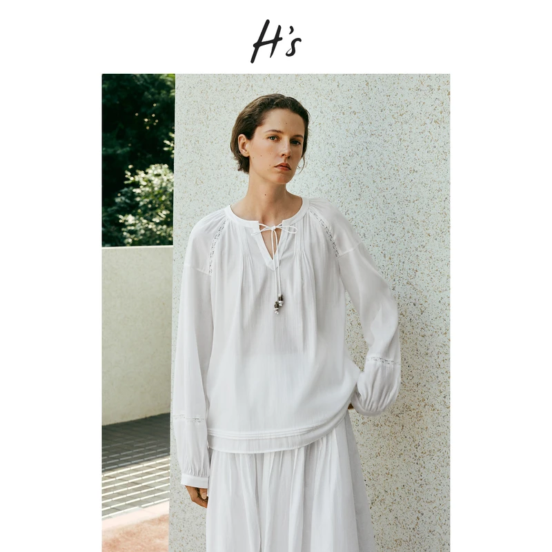 【25AW】H'S白色衬衫女25年秋新款开襟流苏系带宽松落肩衬衣上衣