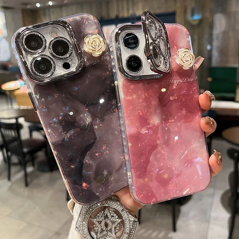 适用苹果系列iPhone16新款手机壳高级晕染山茶花银灰闪粉镜头支架