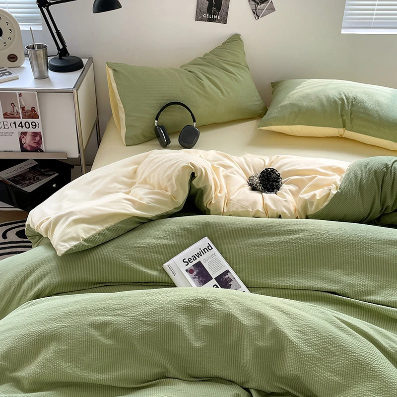 纯色双拼泡泡棉四件套水洗棉床单被套床笠床上用品学生宿舍三件套