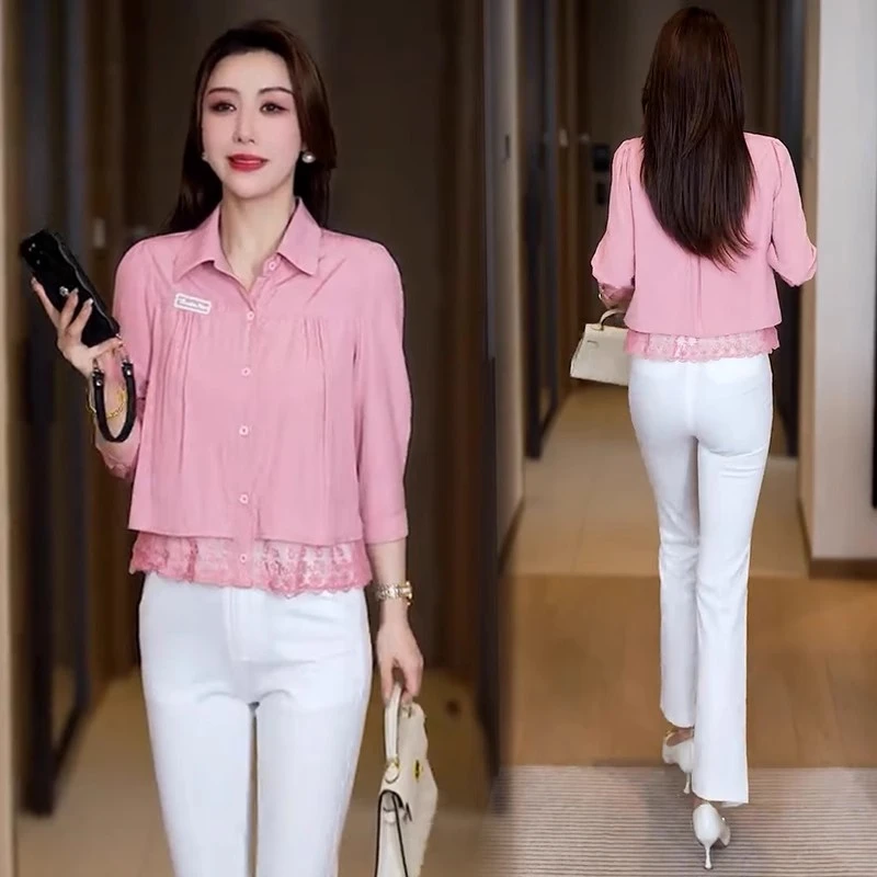 时尚套装女2025春季新款洋气显瘦蕾丝拼接衬衫上衣阔腿裤两件套潮