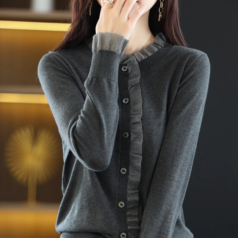 法式优雅~超细60支精纺羊毛 蕾丝木耳边精致针织开衫女