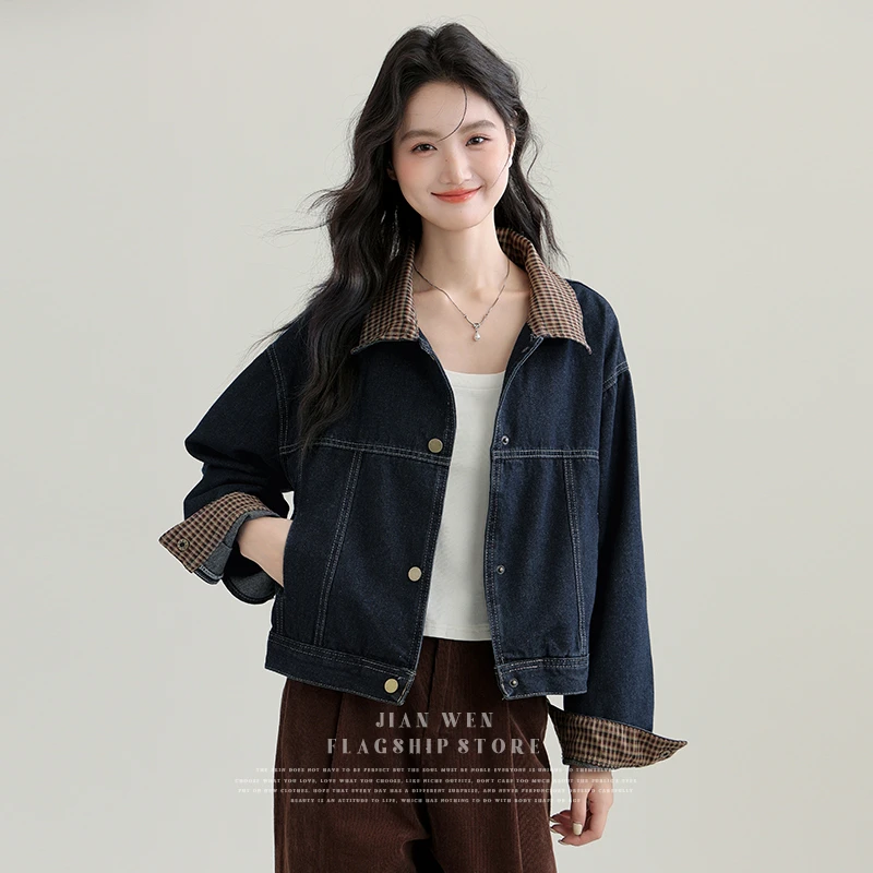 复古格纹翻领牛仔外套女2025春季新款宽松短款小个子夹克开衫上衣