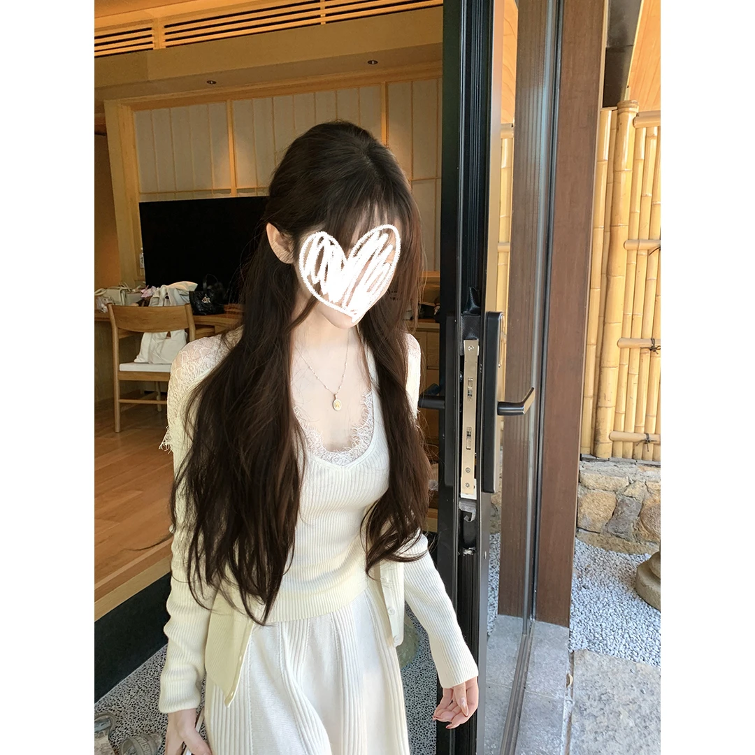 长袖开衫+蕾丝背心+半身裙米白色三件套针织温柔休闲套装女秋0787